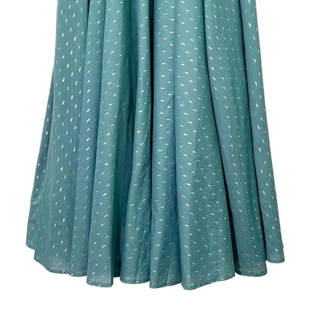 Abacaxi Eva Dress Teal Metallic Cotton Maxi Puff Sleeve Smocked Bodice Sz Large - Picture 5 of 16